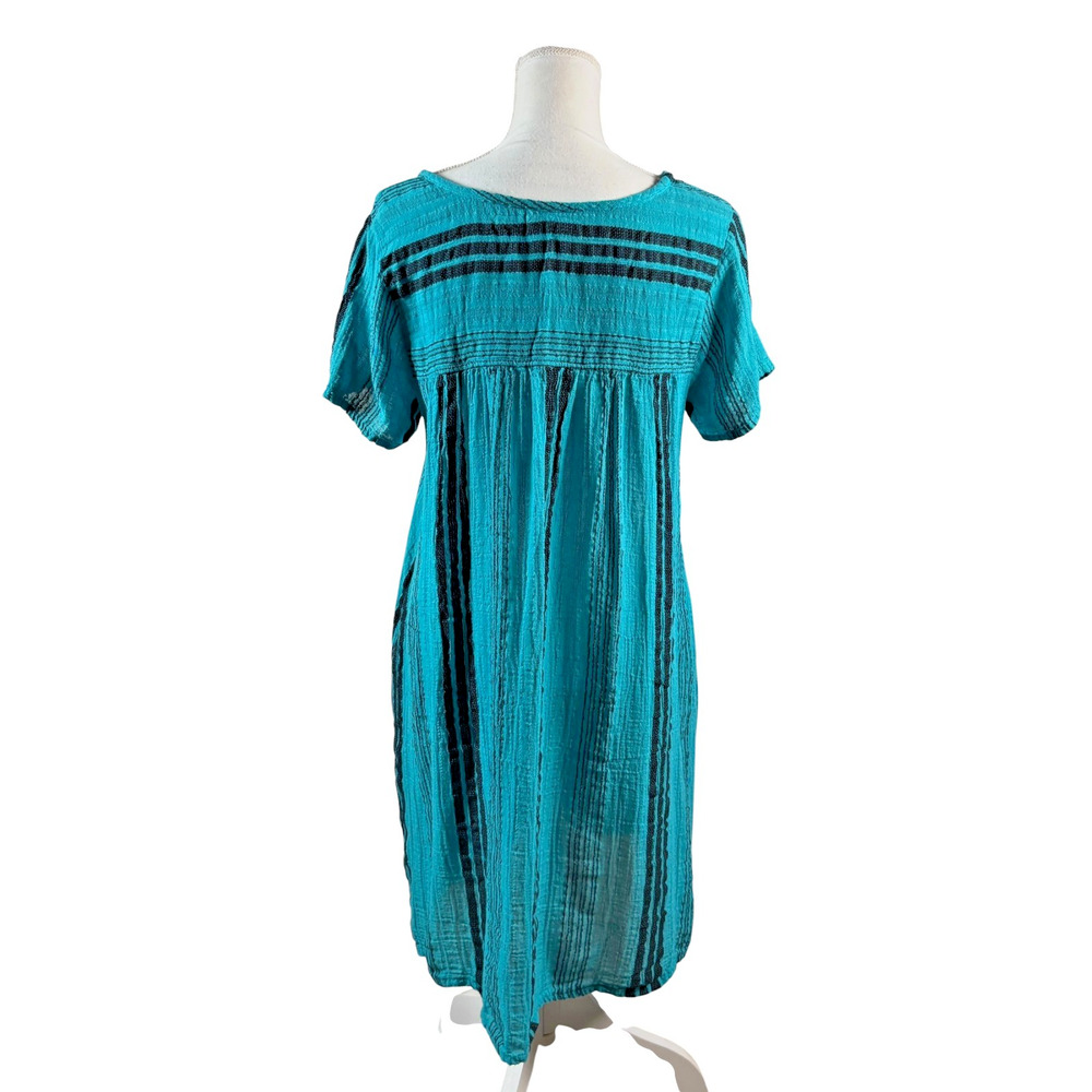 Shannon Pasero Tunic Shift Dress Size Medium Teal Blue Textured Stripe Pockets - Picture 4 of 9